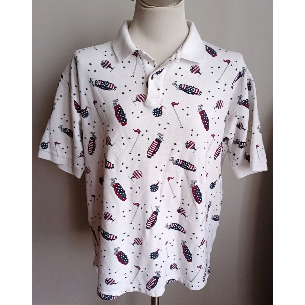 C & B Sport Croft & Barrow Men's Size M White, Blue, Red Golf Theme Polo